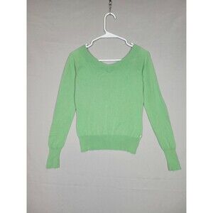 American Eagle Green V-Neck Knit Fitted Sweater Juniors Medium Preppy Casual